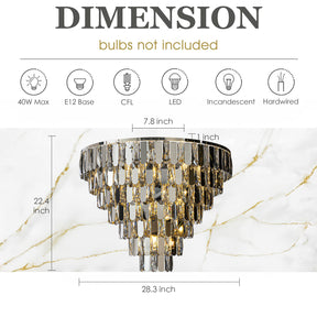 28" 12-Light Dimmable 7-Tier Smoked Crystal Flush Mount Ceiling Light Low Profile Luxury Fixture with Polished Nickel Finish and Stainless Steel Accents for Living Room, Dining Room