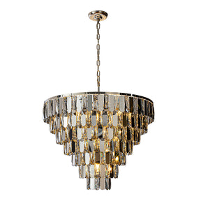 28" 12-Light Dimmable 7-Tier Smoked Crystal Chandelier Large Modern Luxury Pendant Light with Polished Nickel Finish and Stainless Steel Accents for Dining Room, Living Room