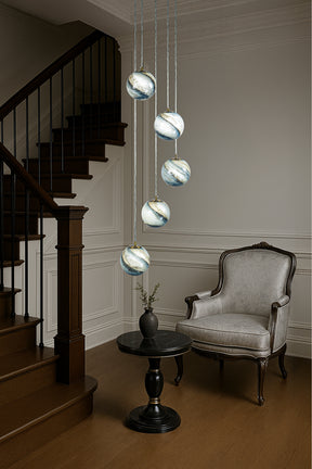 12'' 5-Light Modern Glazed Glass Globe Staircase Chandelier Coastal Handcrafted Glass Pendant In Matte Black For Foyer Entryway