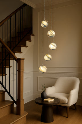 12'' 5-Light Modern Glazed Glass Globe Staircase Chandelier Coastal Handcrafted Glass Pendant In Matte Black For Foyer Entryway