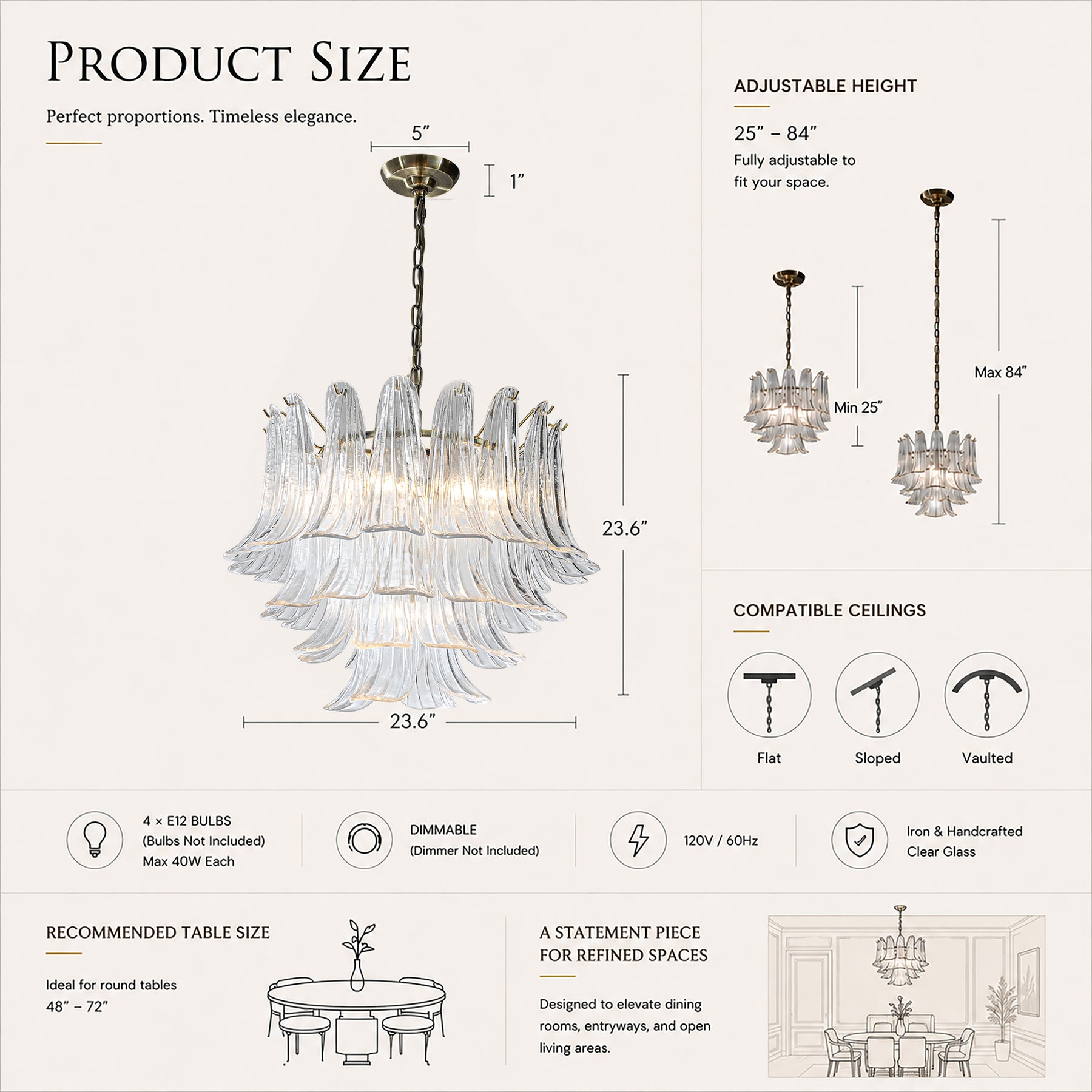 24'' Wide Vintage Mid-Century Modern Chandelier 4-Light 4-Tier Clear Art Glass Pendant With Antique Bronze Finish For Living Room, Dining Room