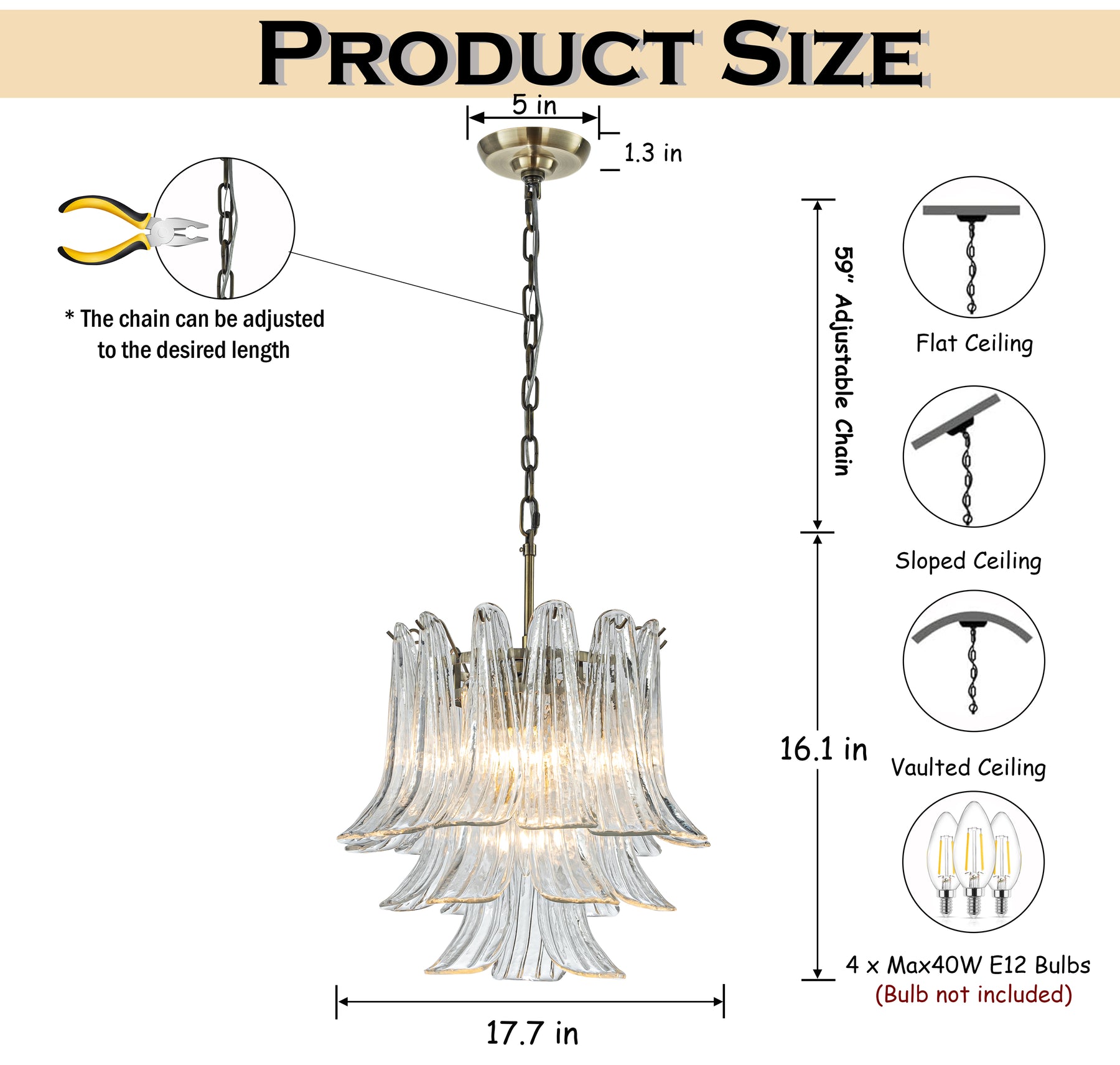 18'' Wide Mid-Century Modern Chandelier 4-Light 3-Tier Clear Art Glass Pendant Light In Antique Bronze Finish For Dining Room Foyer Bedroom
