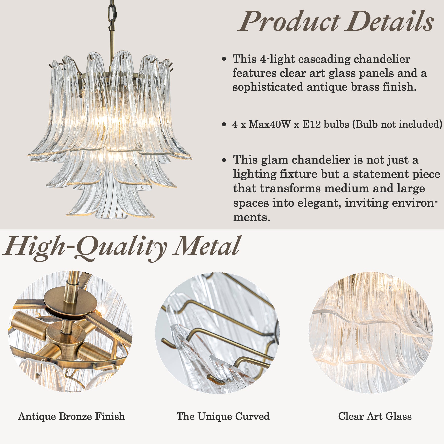 18'' Wide Mid-Century Modern Chandelier 4-Light 3-Tier Clear Art Glass Pendant Light In Antique Bronze Finish For Dining Room Foyer Bedroom