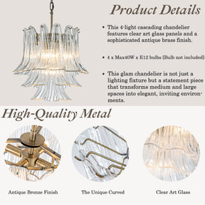 18'' Wide Mid-Century Modern Chandelier 4-Light 3-Tier Clear Art Glass Pendant Light In Antique Bronze Finish For Dining Room Foyer Bedroom