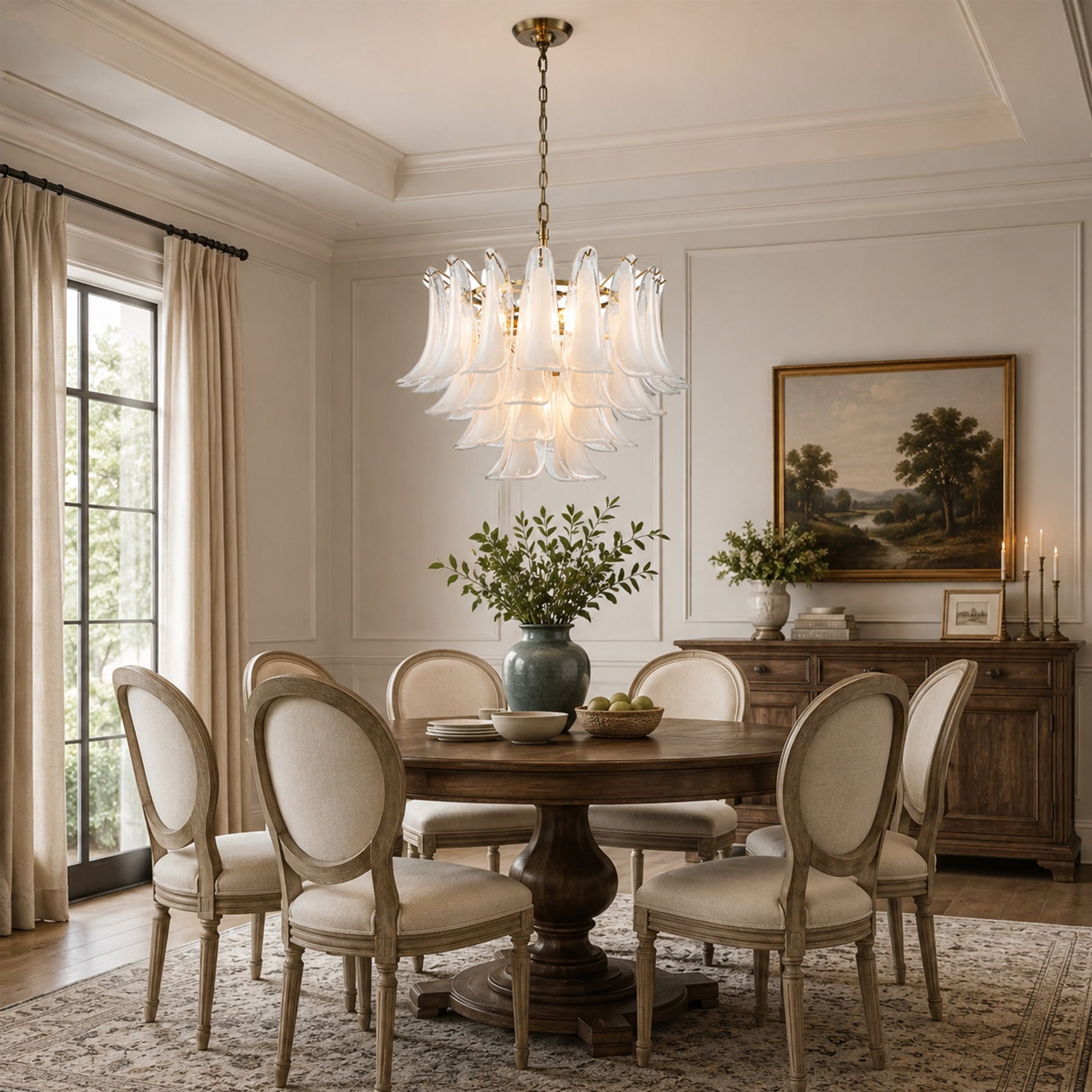 24'' Wide Vintage Mid-Century Modern Chandelier 4-Light 4-Tier White Art Glass Pendant With Antique Bronze Finish For Living Room, Dining Room
