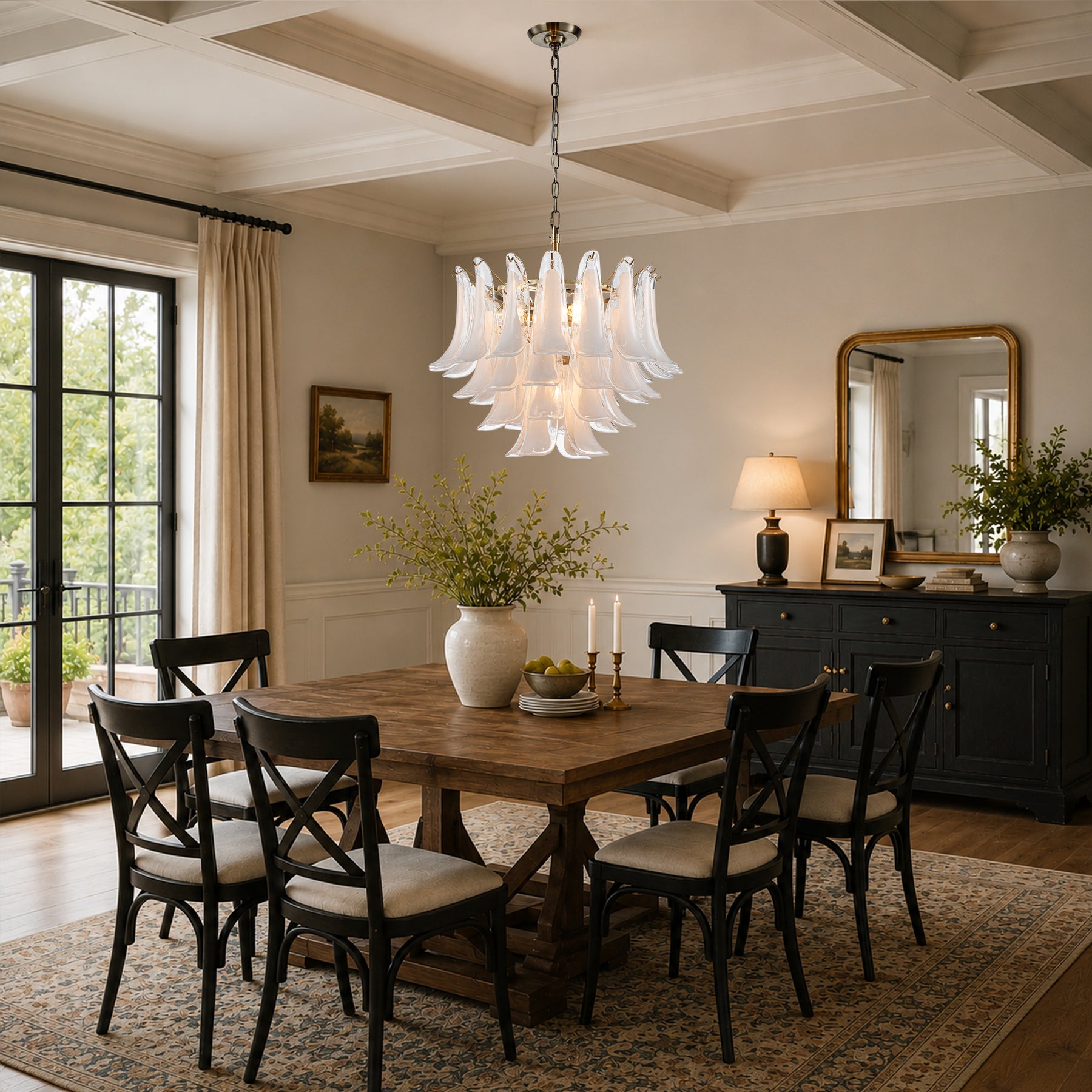 24'' Wide Vintage Mid-Century Modern Chandelier 4-Light 4-Tier White Art Glass Pendant With Antique Bronze Finish For Living Room, Dining Room