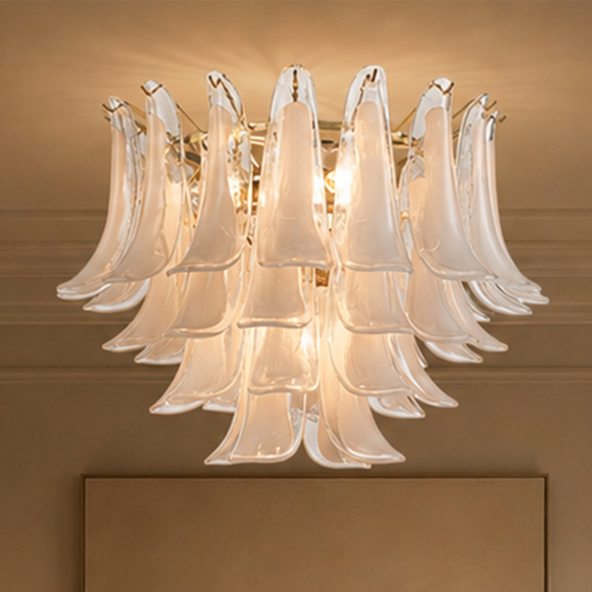 24'' Wide Vintage Mid-Century Modern Flush Mount 4-Light 4-Tier White Art Glass Ceiling Light With Antique Bronze Finish For Entryway, Dining Room