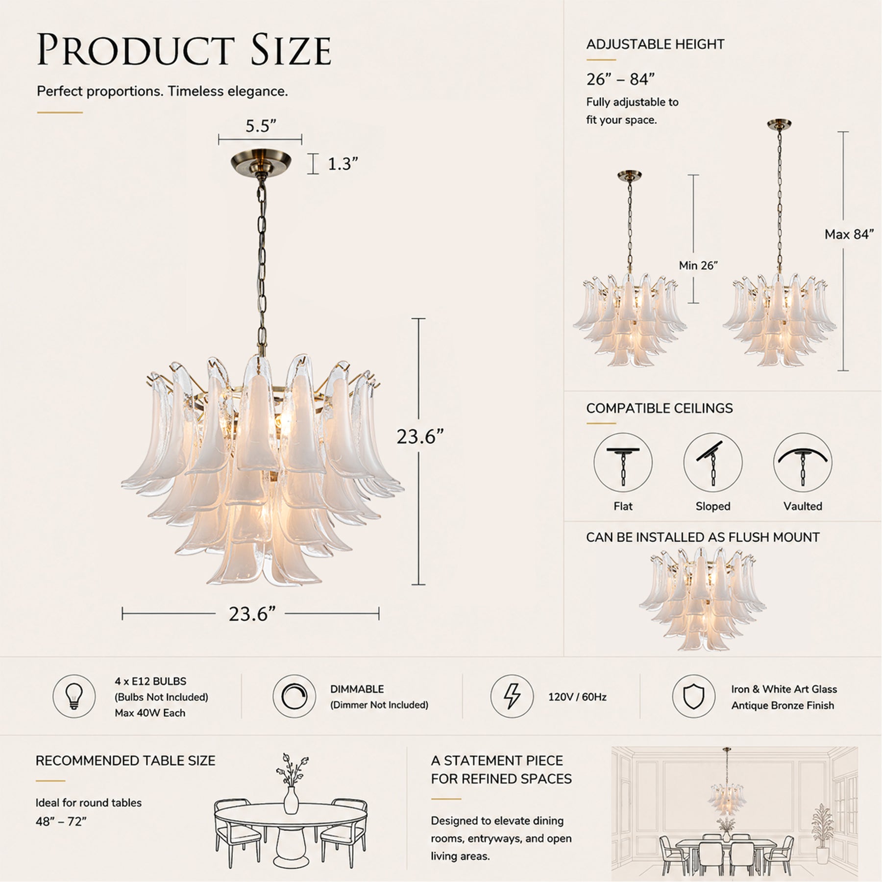 24'' Wide Vintage Mid-Century Modern Chandelier 4-Light 4-Tier White Art Glass Pendant With Antique Bronze Finish For Living Room, Dining Room