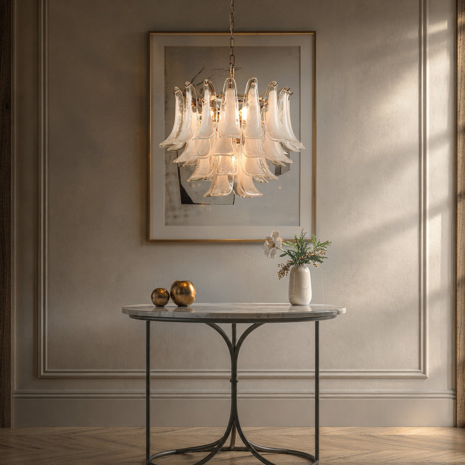 24'' Wide Vintage Mid-Century Modern Chandelier 4-Light 4-Tier White Art Glass Pendant With Antique Bronze Finish For Living Room, Dining Room