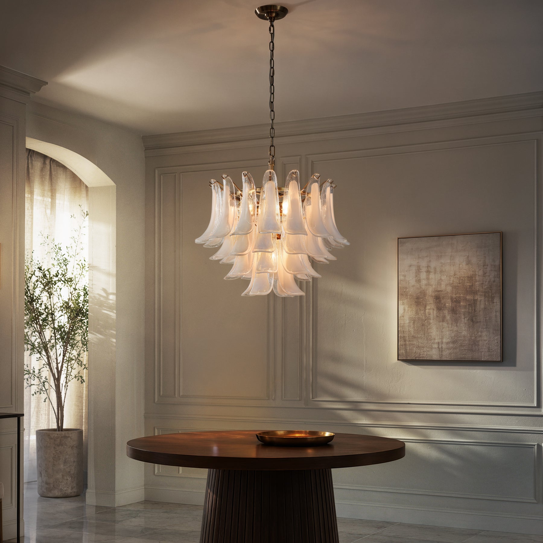 24'' Wide Vintage Mid-Century Modern Chandelier 4-Light 4-Tier White Art Glass Pendant With Antique Bronze Finish For Living Room, Dining Room