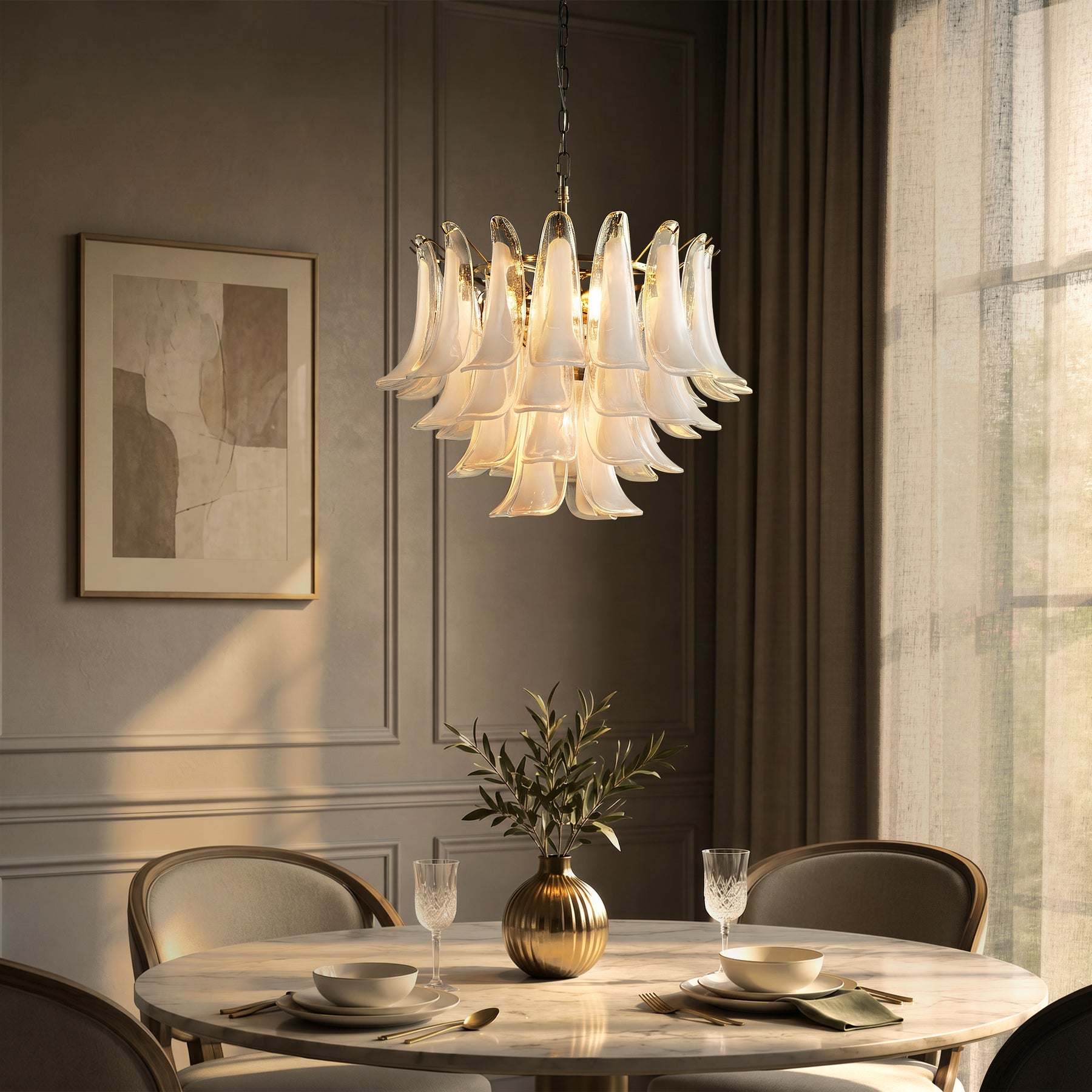 24'' Wide Vintage Mid-Century Modern Chandelier 4-Light 4-Tier White Art Glass Pendant With Antique Bronze Finish For Living Room, Dining Room