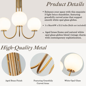 3-Light 25'' Wide Mid-Century Modern Glass Globe Bubble Chandelier Vintage Sputnik Aged Brass Opal Glass Pendant Light For Living Room Dining Room