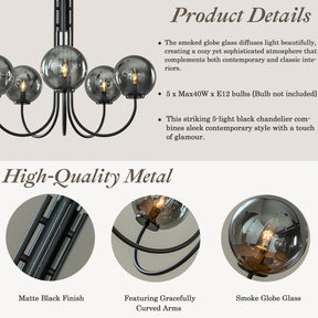 5-Light 32'' Wide Modern Glam Smoked Glass Globe Bubble Chandelier Contemporary Sputnik Black Hand Blown Glass Pendant Light For Living Room And Kitchen