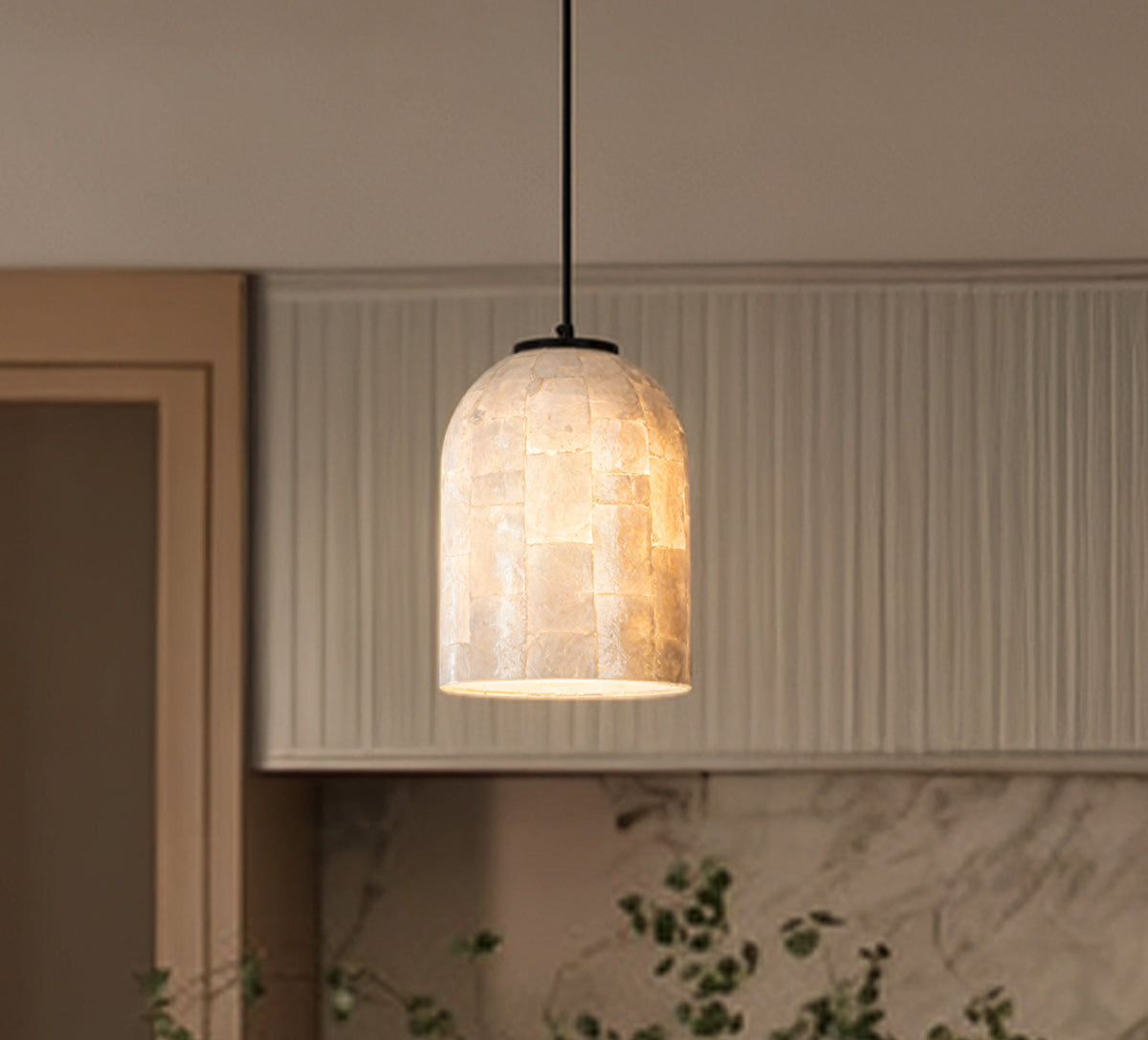 1-Light 7'' Modern Farmhouse Natural Capiz Seashell Single Pendant Light Coastal Cylinder Hanging Light For Kitchen and Dining Room