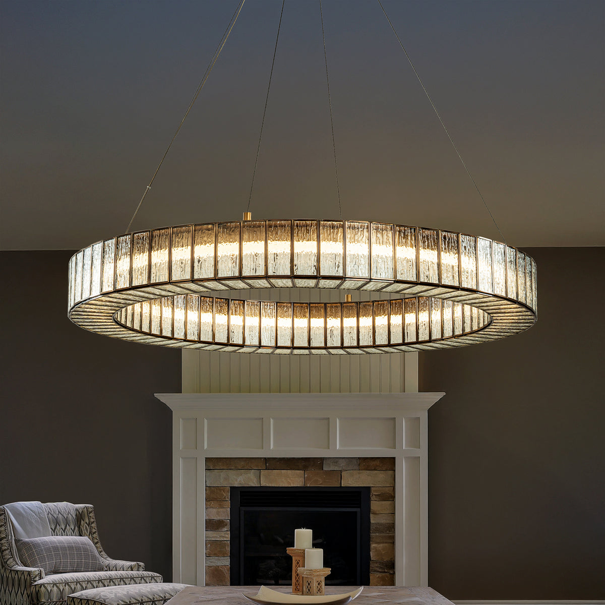34'' Modern Halo Round Textured Glass Integrated Led Chandelier Brass Empire Led Ceiling Light For Dining Room Living Room