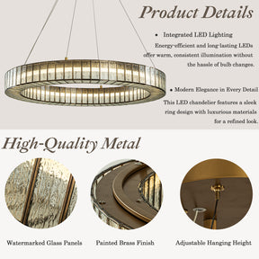 34'' Modern Halo Round Textured Glass Integrated Led Chandelier Brass Empire Led Ceiling Light For Dining Room Living Room