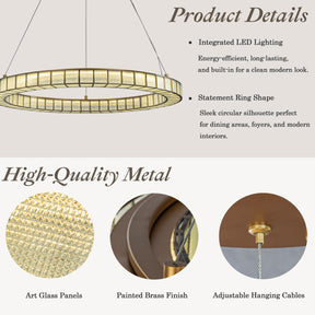 32'' Modern Halo Round Art Glass Integrated Led Chandelier Brass Art Deco Led Ceiling Light For Dining Room Living Room