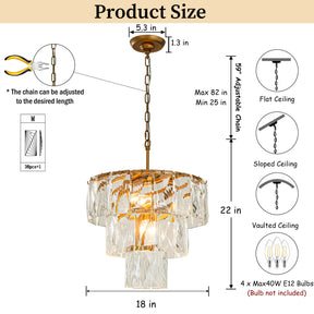 18'' 4-Light Mid-Century Modern Glam Antique Gold Crystal Tiered Chandelier Luxury Ceiling Hanging light For Dining Room Living Room