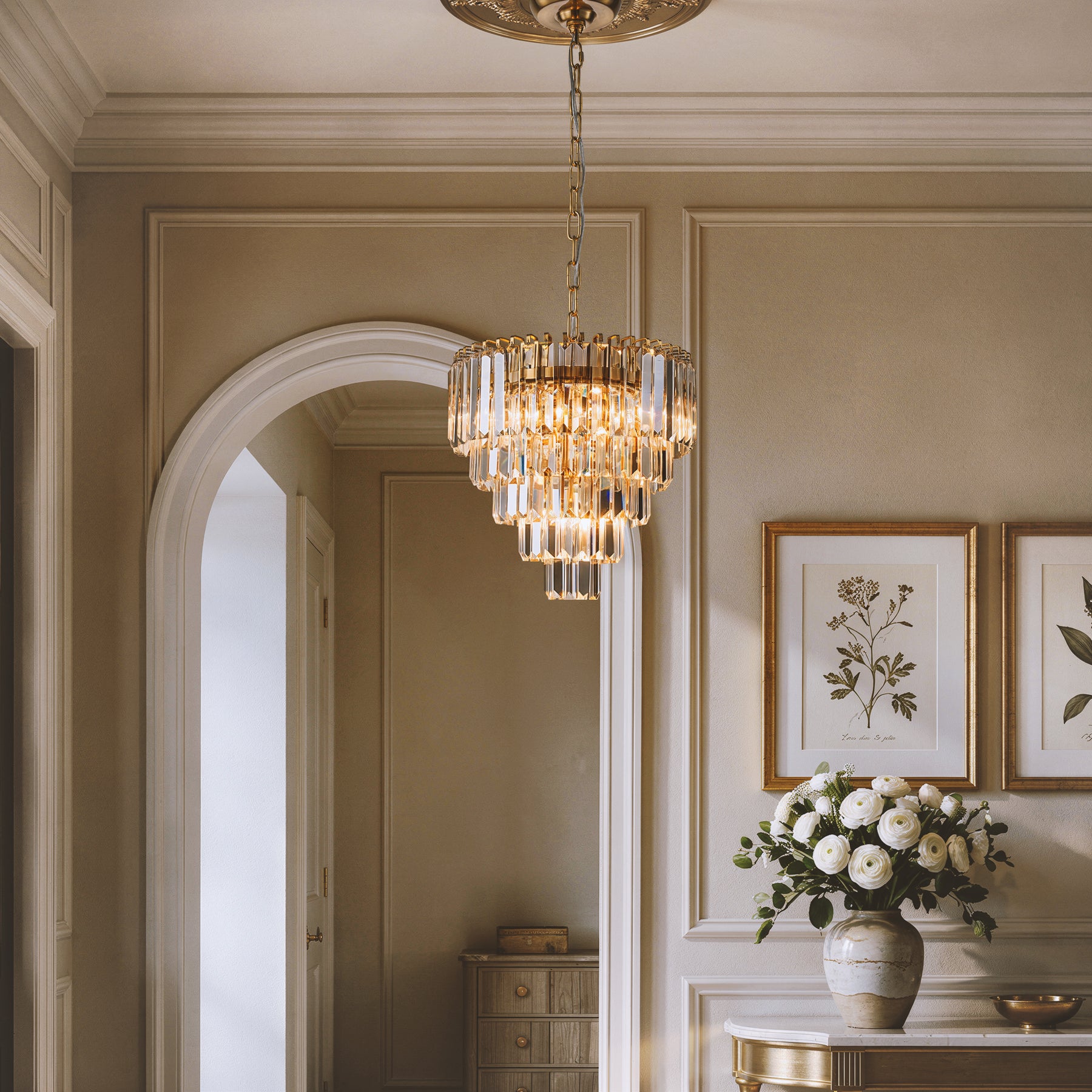 14 in. Crystal Chandelier Ceiling Light Fixture Warm Brass Metal Frame for Dining Room Entryway Indoor Hanging Light