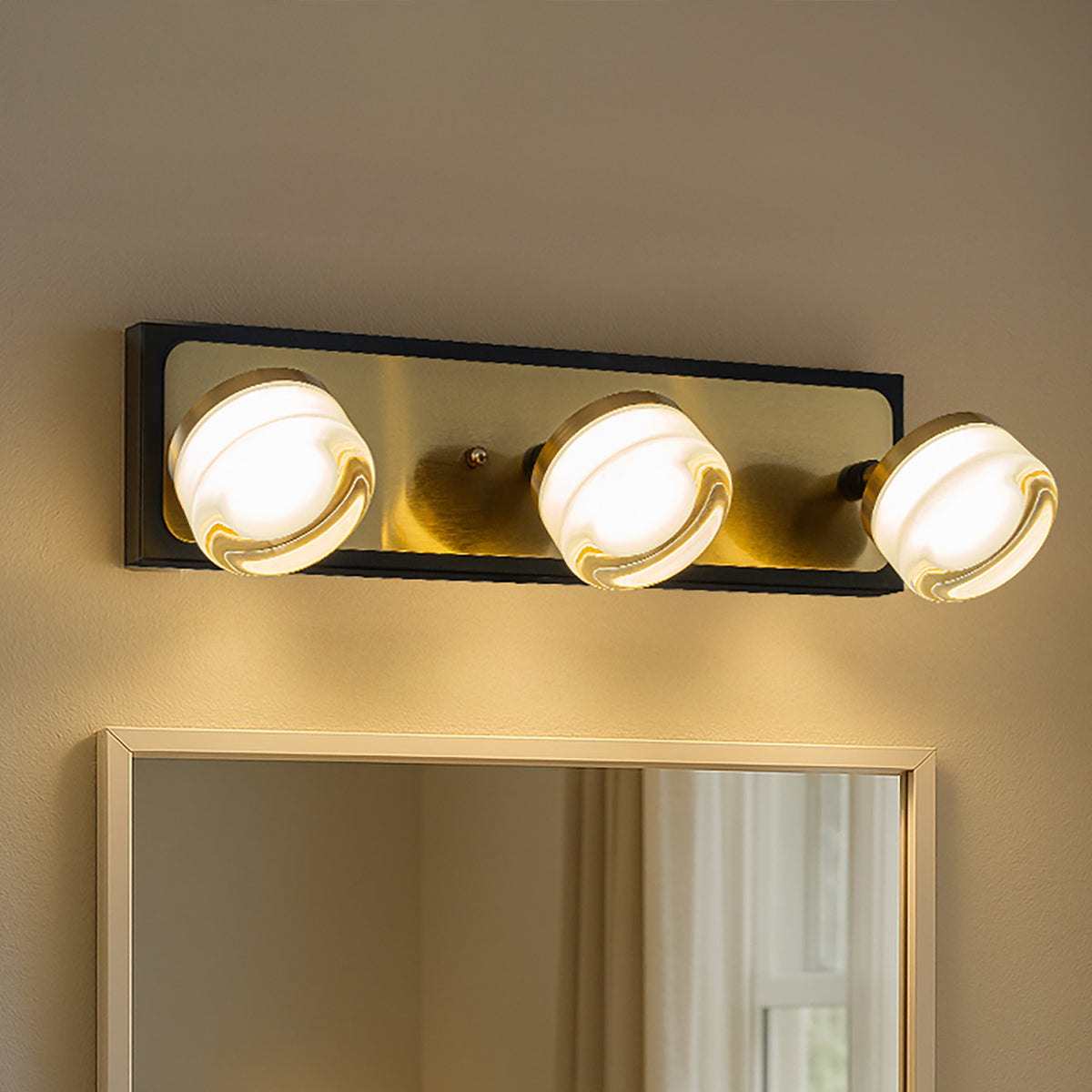 W19" 3-Light Modern Integrated LED Bathroom Vanity Light in Black and Brass Finish with White Acrylic Shade Contemporary Adjustable Head Wall Sconce