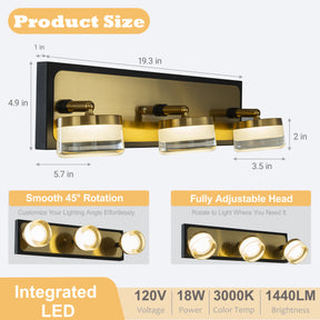 W19" 3-Light Modern Integrated LED Bathroom Vanity Light in Black and Brass Finish with White Acrylic Shade Contemporary Adjustable Head Wall Sconce