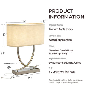 2-Light 24'' Modern Elegant Polished Nickel Minimalist Stainless Steel Table Lamp With Ivory Fabric Shade For Entryway Living Room Bedside