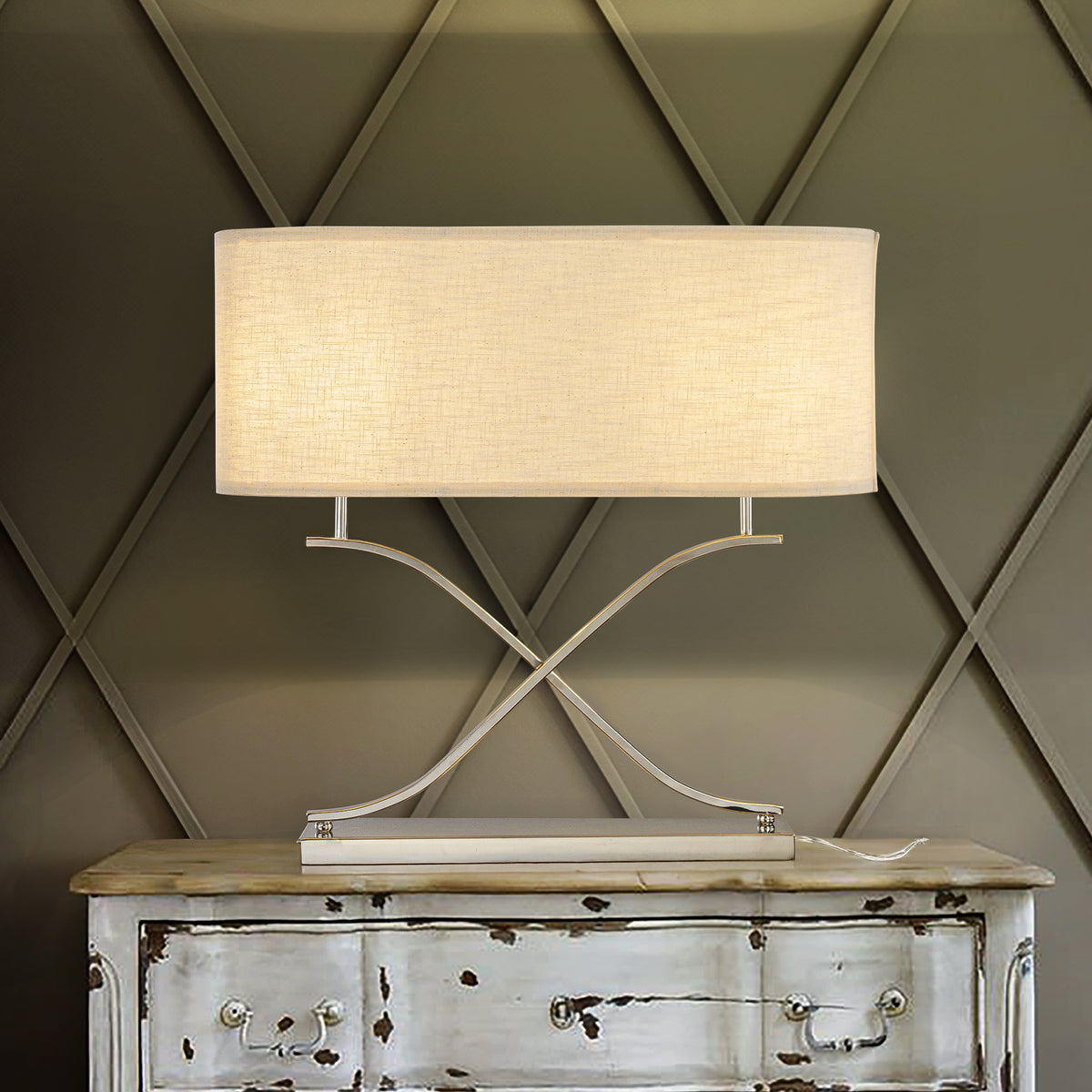 2-Light 24'' Modern Elegant Polished Nickel Minimalist Stainless Steel Table Lamp With Ivory Fabric Shade For Entryway Living Room Bedside