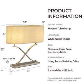 2-Light 24'' Modern Elegant Polished Nickel Minimalist Stainless Steel Table Lamp With Ivory Fabric Shade For Entryway Living Room Bedside
