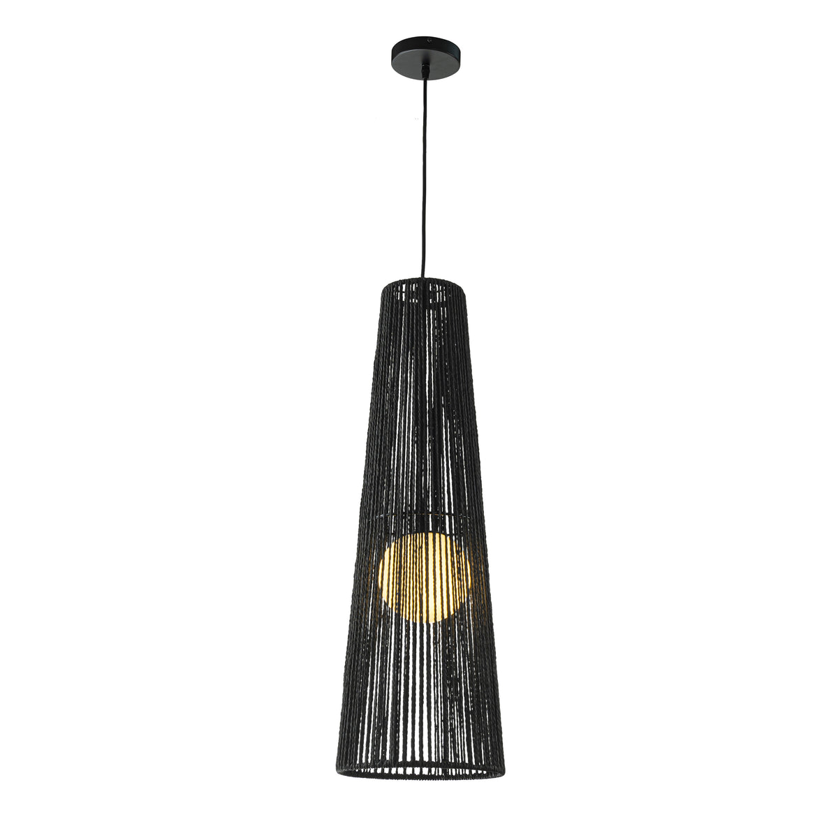1-Light Modern Black Hand-Woven Rattan Staircase Chandelier Bubble Natural Long Pendant Light High Ceiling Hanging Lamp For Foyer Bedroom