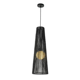 1-Light Modern Black Hand-Woven Rattan Staircase Chandelier Bubble Natural Long Pendant Light High Ceiling Hanging Lamp For Foyer Bedroom