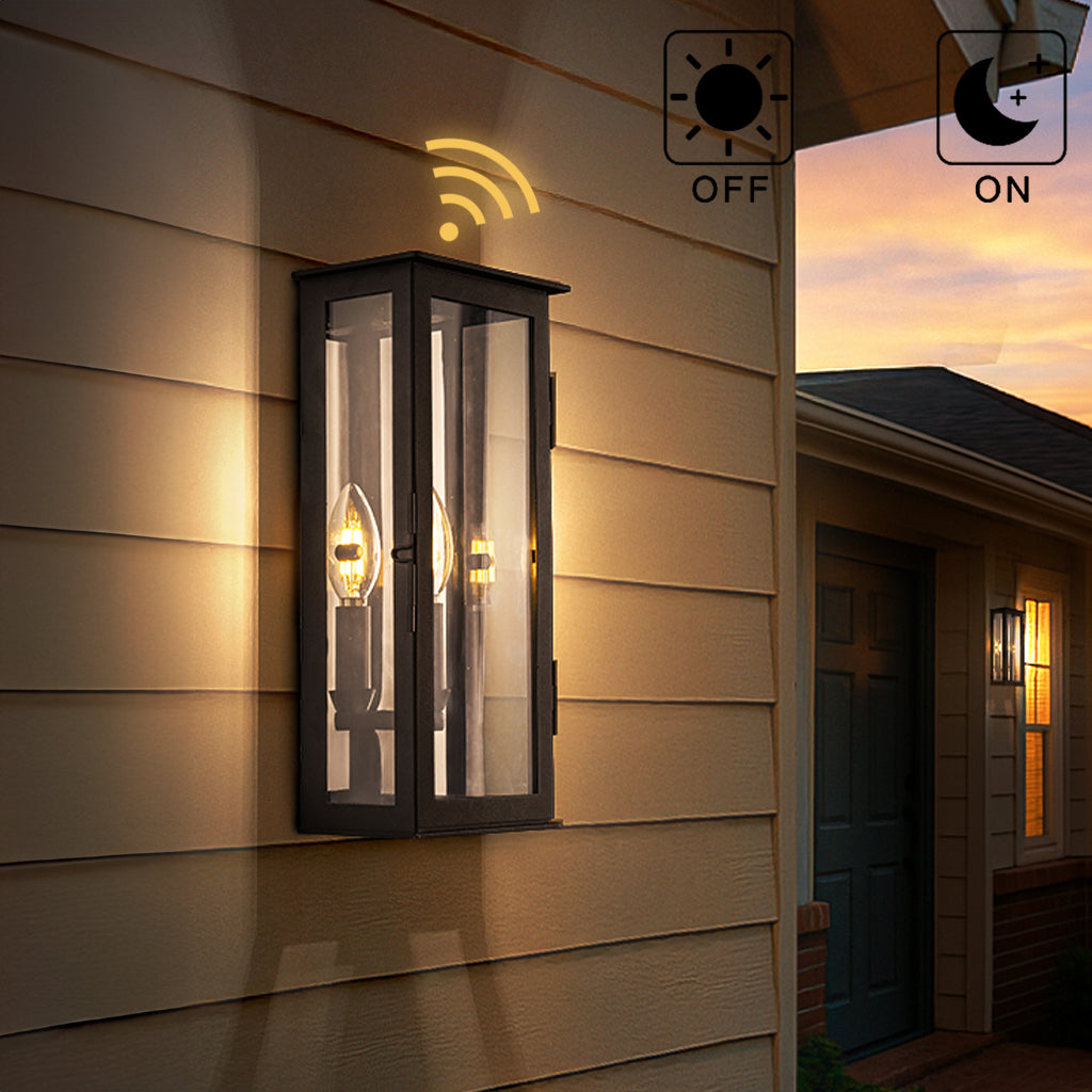 1 Light H12 in. Modern Matte Black Outdoor Wall Light with Dusk-to-Dawn Sensor Simplicity Exterior Wall Sconce with Clear Glass Shade for Porch Garden