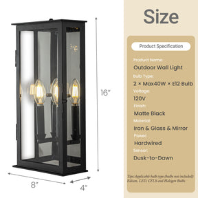 2-Light H16 in. Modern Rectangular Outdoor Wall Sconce with Dusk-to-Dawn Sensor in Matte Black Exterior Light Fixture with Clear Shade for Porch Entryway