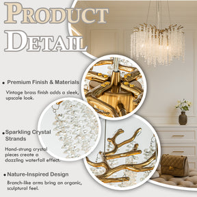20'' Modern Glam Crystal Chandelier Antique Brass Branch Style 4-Light Pendant Ceiling Light for Dining Room Bedroom Living Room Entryway