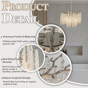 20'' Modern Glam Crystal Chandelier Polished Nickel Branch Style 4-Light Pendant Ceiling Light for Dining Room Bedroom Living Room Entryway