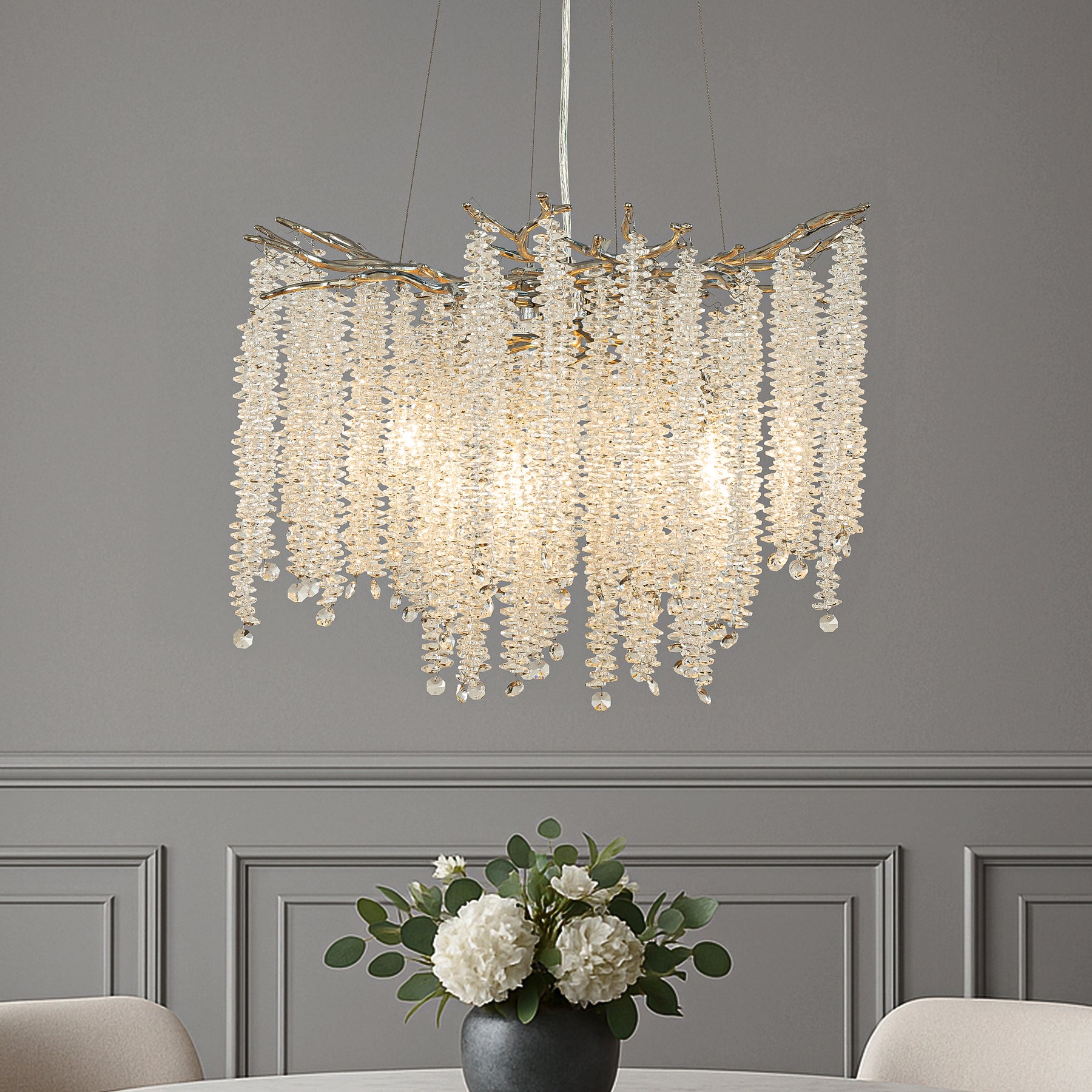 20'' Modern Glam Crystal Chandelier Polished Nickel Branch Style 4-Light Pendant Ceiling Light for Dining Room Bedroom Living Room Entryway