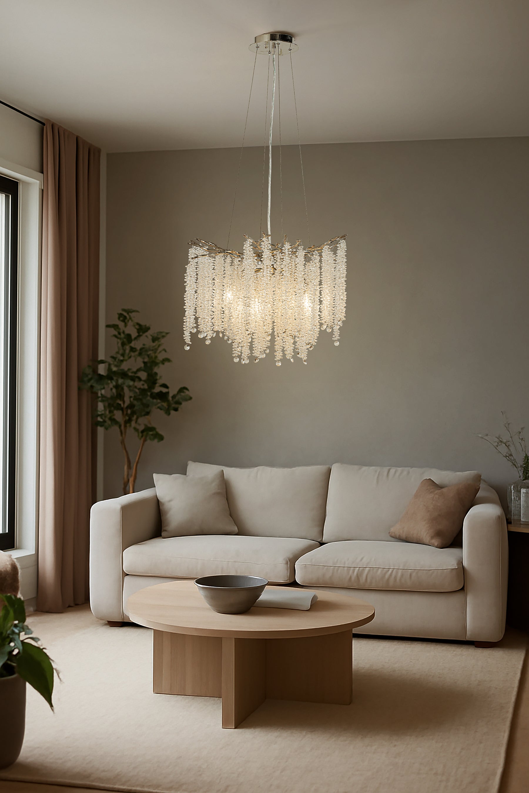 20'' Modern Glam Crystal Chandelier Polished Nickel Branch Style 4-Light Pendant Ceiling Light for Dining Room Bedroom Living Room Entryway