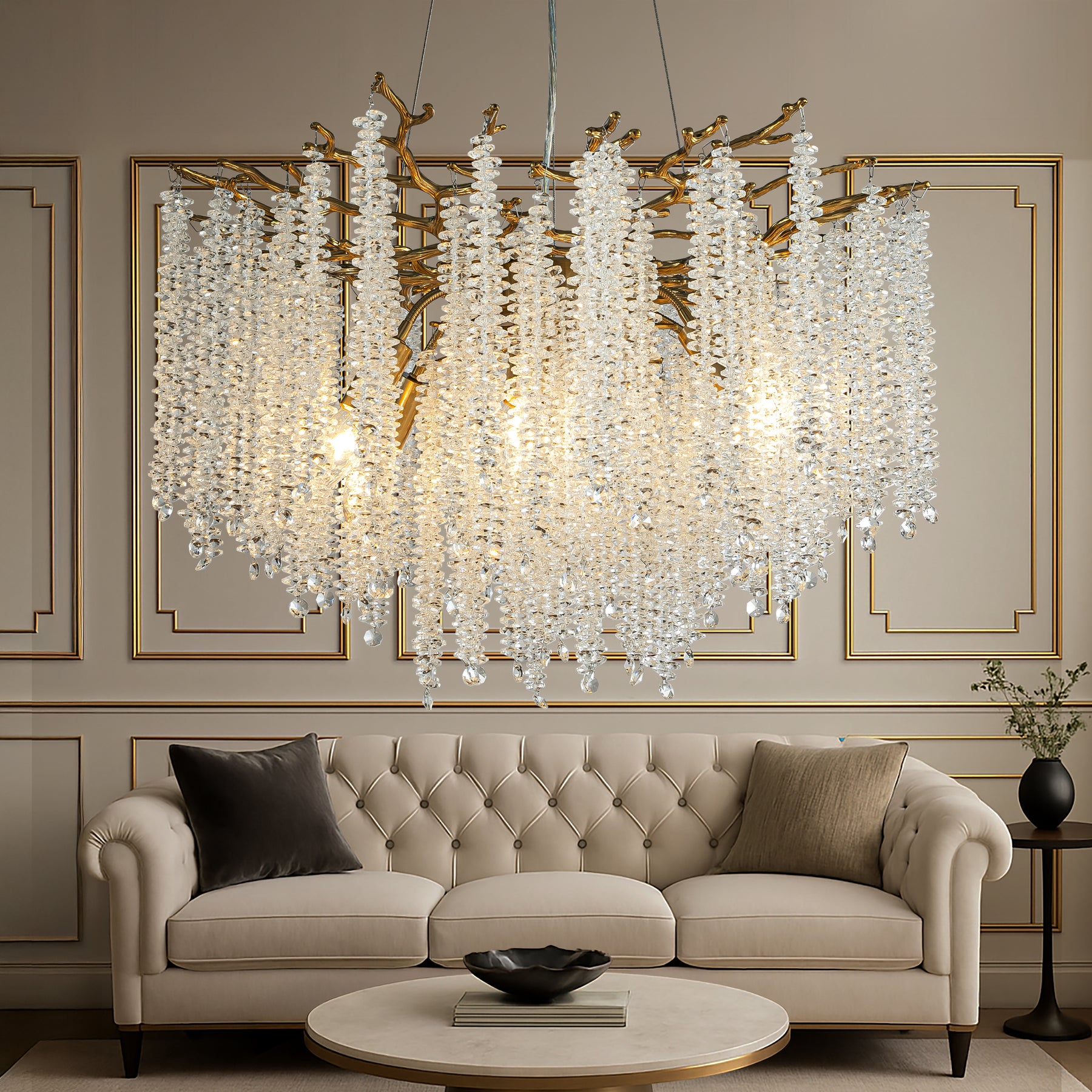 25'' Modern Glam Crystal Chandelier Antique Brass Branch Style 6-Light Pendant Ceiling Light for Dining Room Bedroom Living Room Entryway