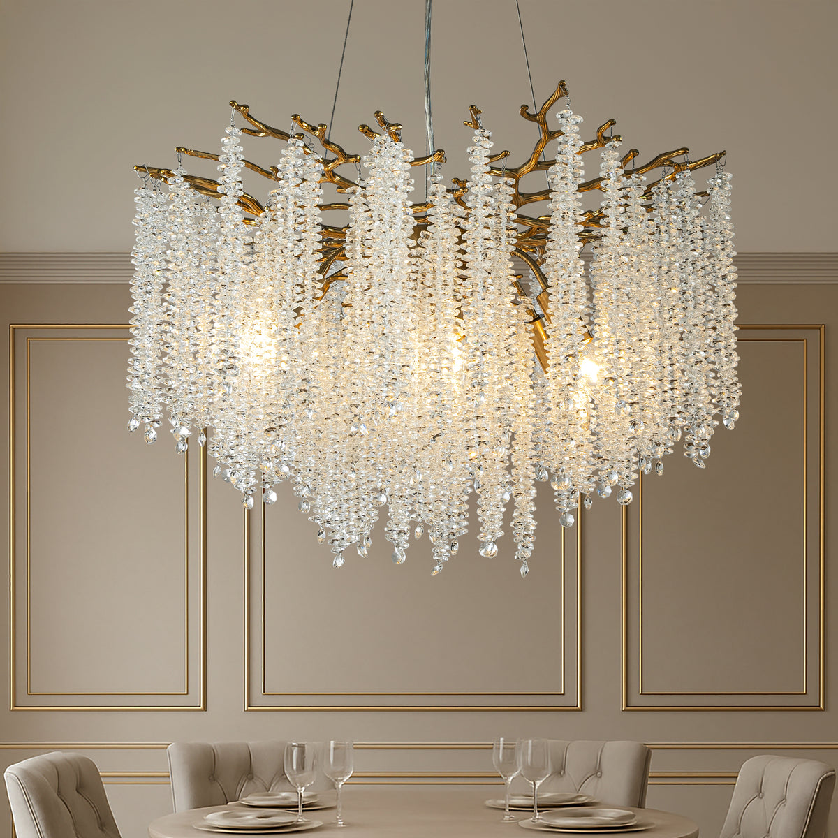 25'' Modern Glam Crystal Chandelier Antique Brass Branch Style 6-Light Pendant Ceiling Light for Dining Room Bedroom Living Room Entryway
