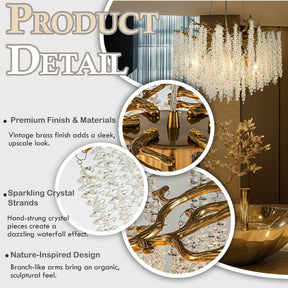 25'' Modern Glam Crystal Chandelier Antique Brass Branch Style 6-Light Pendant Ceiling Light for Dining Room Bedroom Living Room Entryway