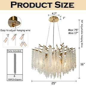 25'' Modern Glam Crystal Chandelier Antique Brass Branch Style 6-Light Pendant Ceiling Light for Dining Room Bedroom Living Room Entryway