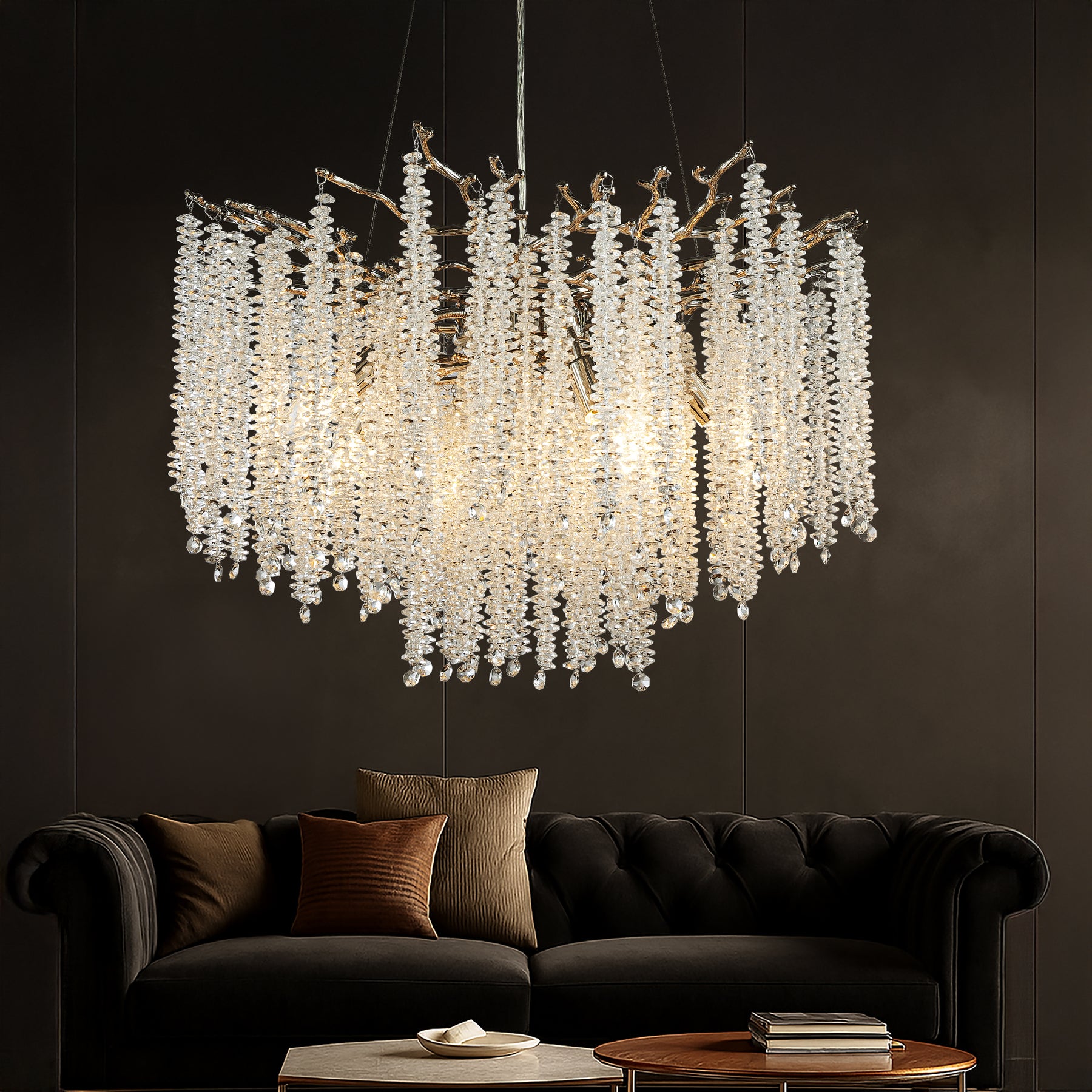 25" Modern Glam Crystal Chandelier Polished Nickel Branch Style 6-Light Pendant Ceiling Light for Dining Room Bedroom Living Room Entryway