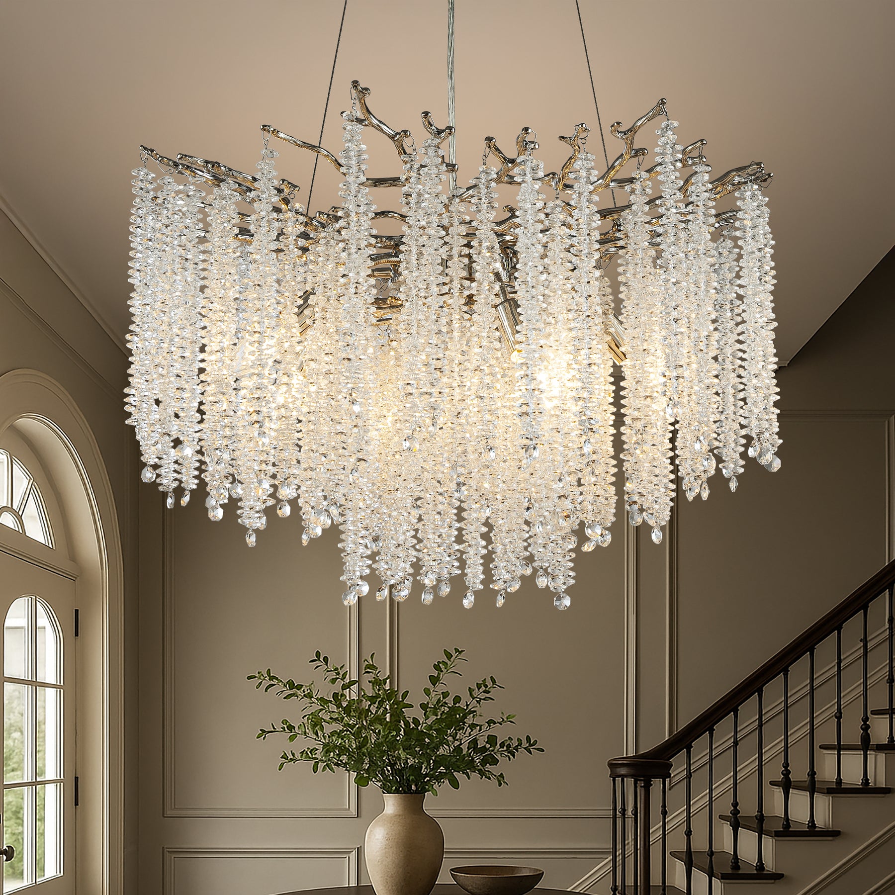 25'' Modern Glam Crystal Chandelier Polished Nickel Branch Style 6-Light Pendant Ceiling Light for Dining Room Bedroom Living Room Entryway