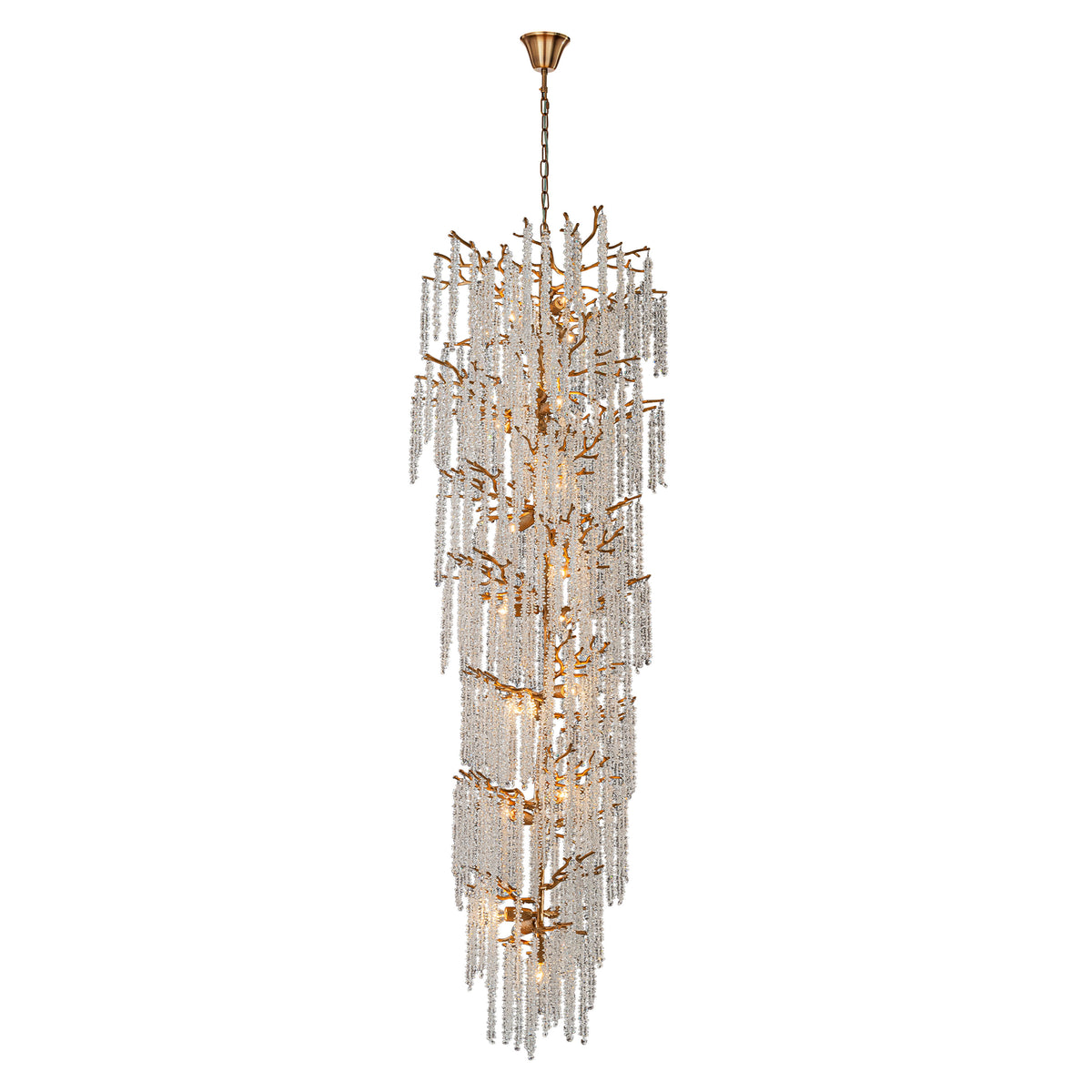 24'' W x 156'' H 21-Light Tree Branch Glass Chandelier in Antique Brass with Clear Glass for Foyers, Staircases, and Tall Ceilings