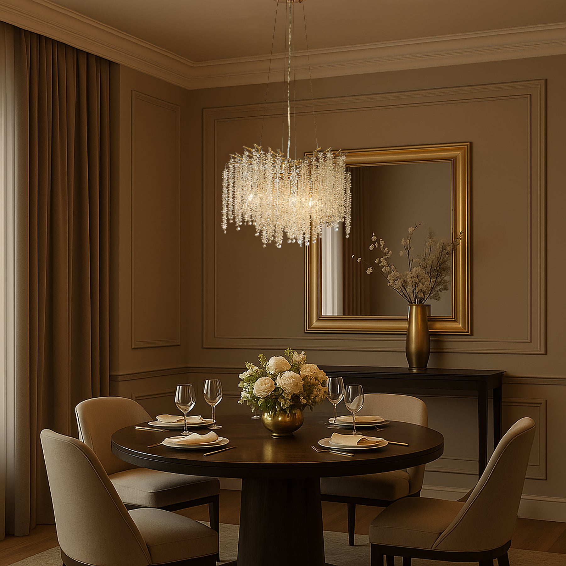 20'' Modern Glam Crystal Chandelier Antique Brass Branch Style 4-Light Pendant Ceiling Light for Dining Room Bedroom Living Room Entryway