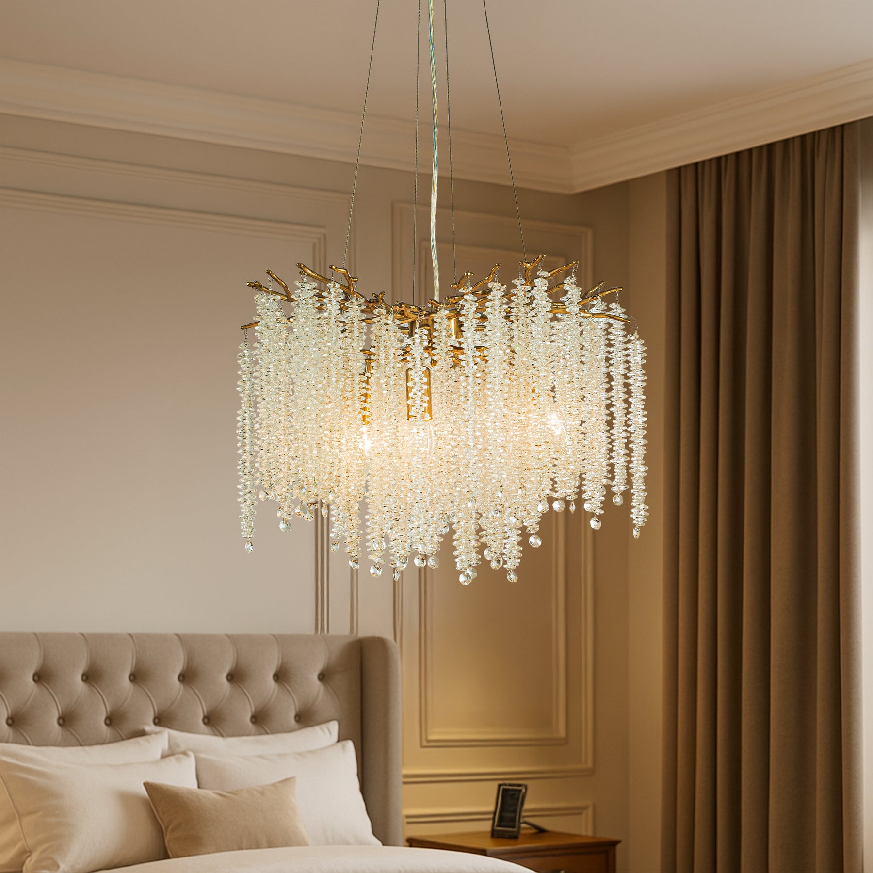 OpenBox 20" Modern Glam Crystal Chandelier Antique Brass Branch Style 4-Light Pendant Ceiling Light