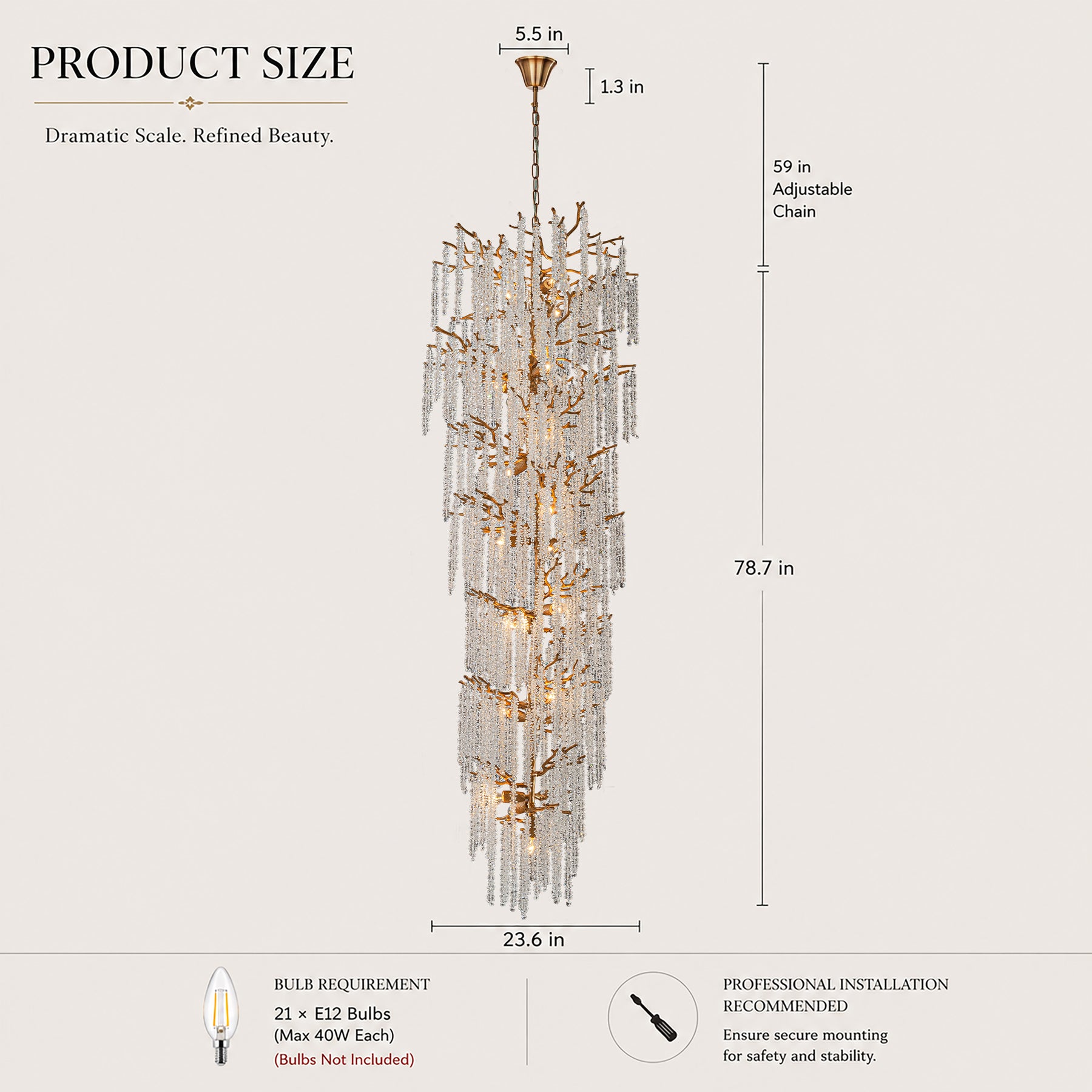 24'' W x 156'' H 21-Light Tree Branch Glass Chandelier in Antique Brass with Clear Glass for Foyers, Staircases, and Tall Ceilings