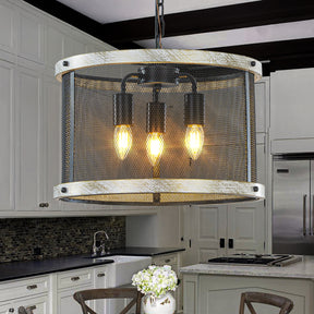 3-Light 16" Black Mesh And Weathered White Wood Frame Rustic Farmhouse Drum Chandelier Pendant Dining Room Industrial Chandelier
