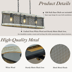 32 in. 3-Light Black Mesh Kitchen Island Chandelier with Rectangle Weathered White Wood Frame