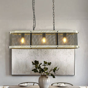 32 in. 3-Light Black Mesh Kitchen Island Chandelier with Rectangle Weathered White Wood Frame
