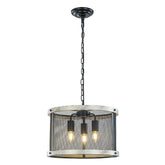 3-Light 16" Black Mesh And Weathered White Wood Frame Rustic Farmhouse Drum Chandelier Pendant Dining Room Industrial Chandelier